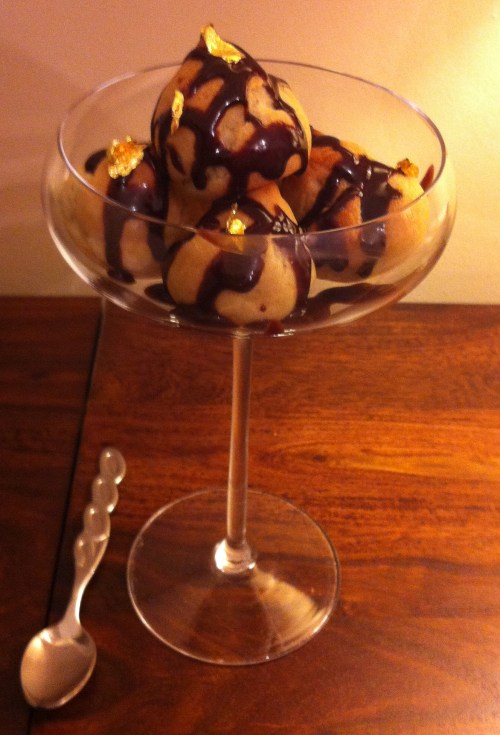 tall glass salted caramel profiteroles
